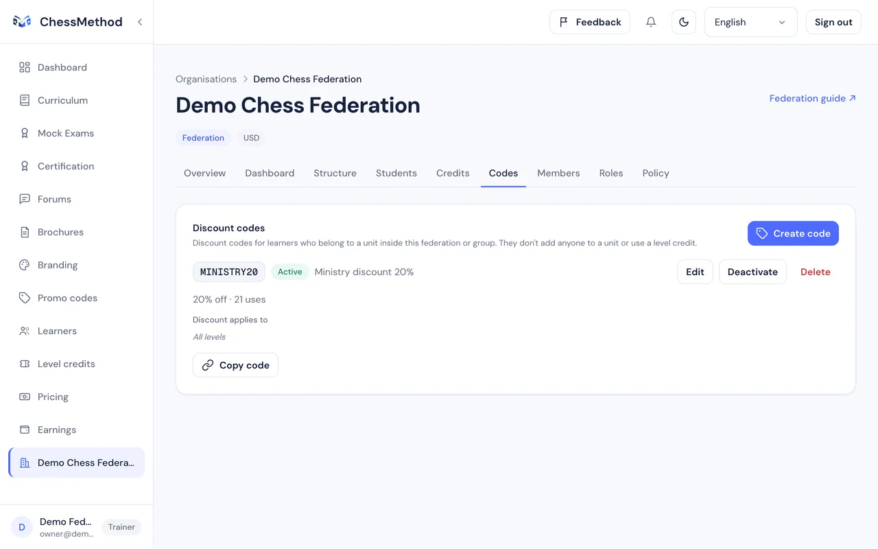 L’onglet Codes de la fédération avec un code de réduction listé