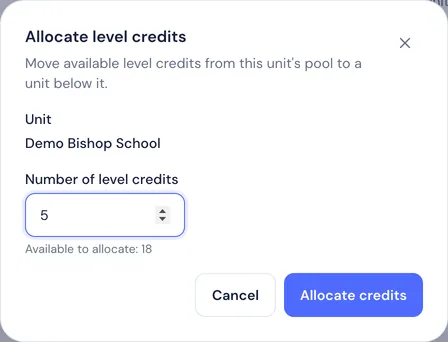 La boîte de dialogue Attribuer des crédits de niveau avec un champ de quantité et le nombre de crédits disponibles à attribuer