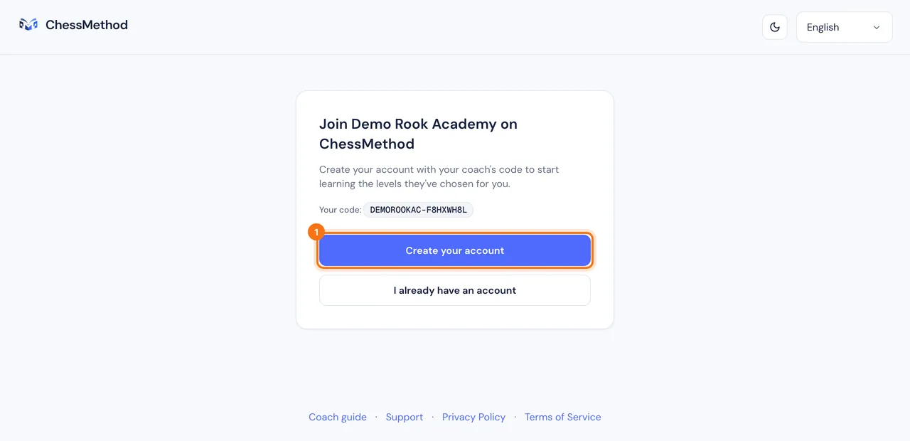 La page d’inscription de l’apprenant intitulée Join Demo Rook Academy on ChessMethod avec le bouton Créer votre compte