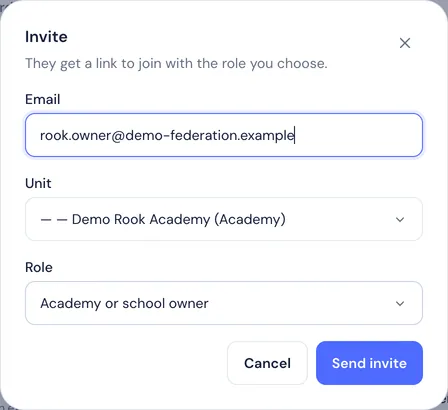 La boîte de dialogue d’invitation avec les champs e-mail, unité et rôle