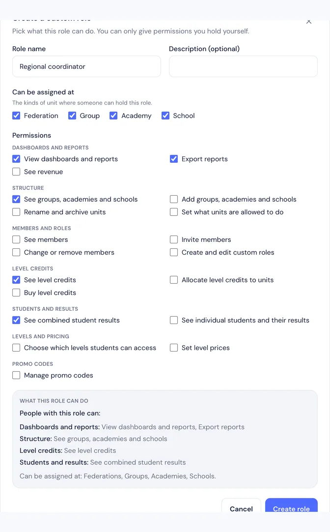 Le créateur de rôle personnalisé avec les cases de permissions par groupe et un résumé en langage clair