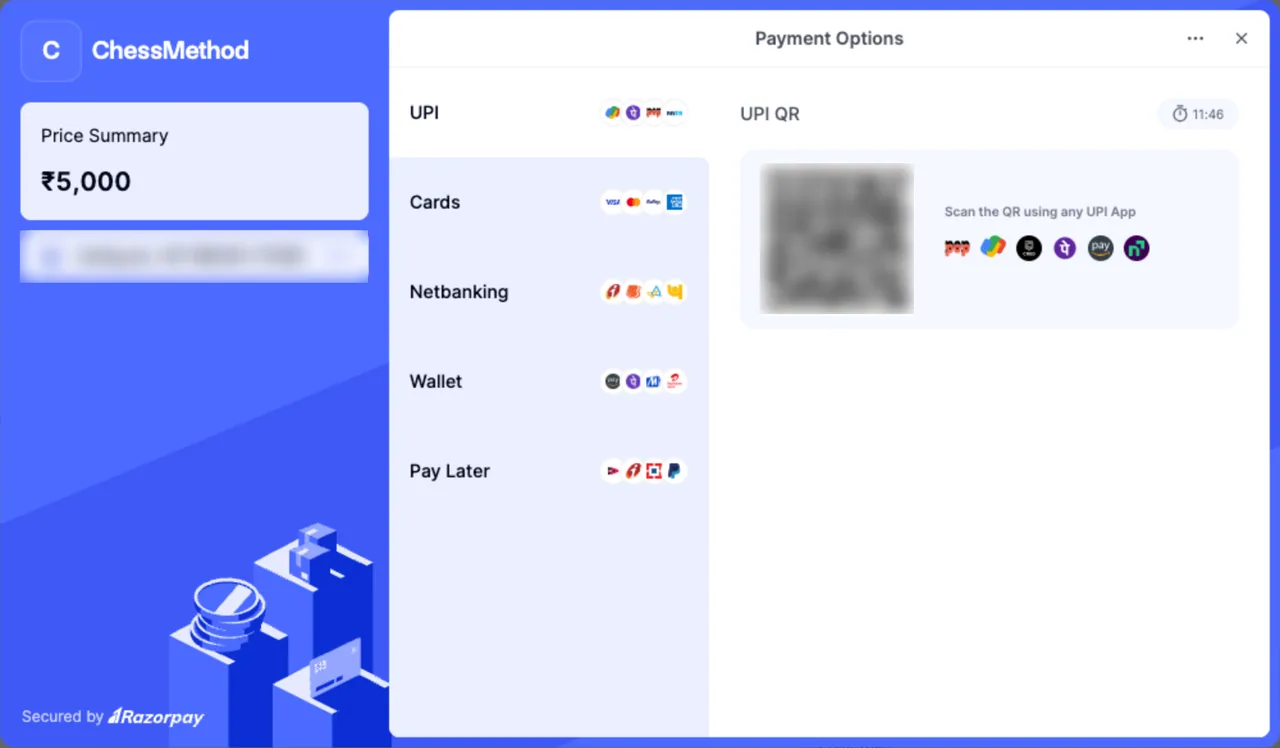 Razorpay Checkout sobre la página de ChessMethod, con UPI, Cards, Netbanking, Wallet y Pay Later