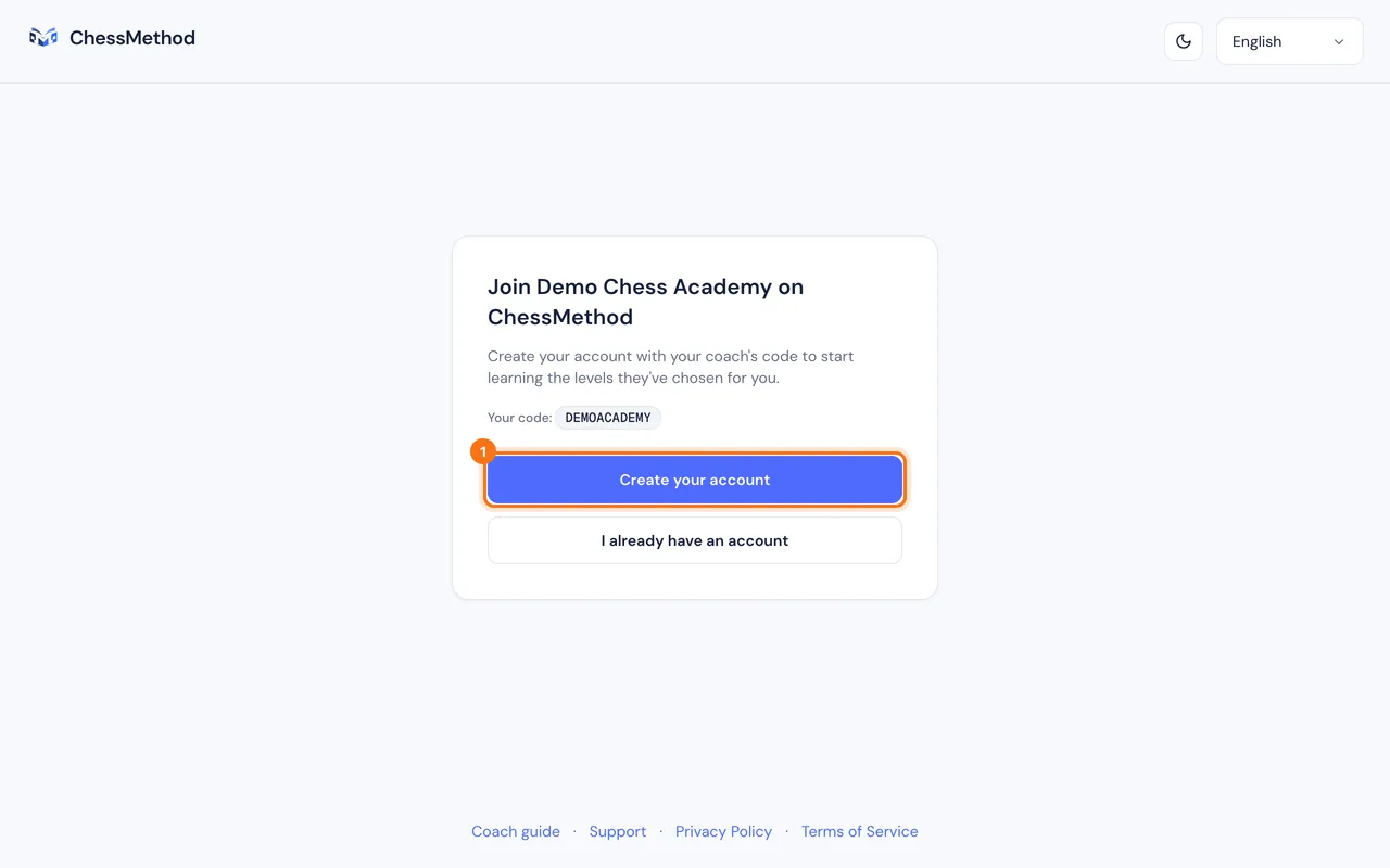 La página de registro del alumno titulada Join Demo Chess Academy on ChessMethod con el botón Crear tu cuenta