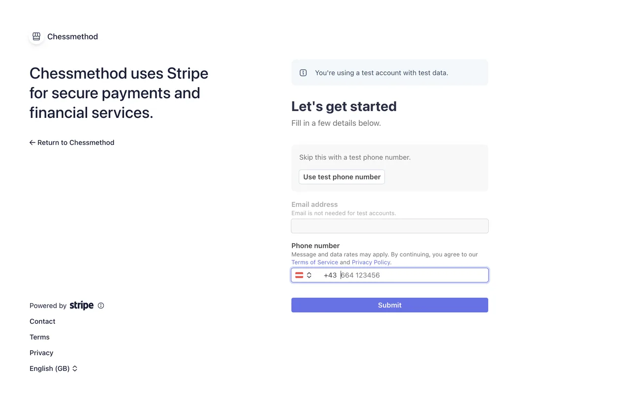 La primera pantalla del alta alojada de Stripe, que pide los datos de contacto